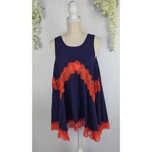 Umgee Lace Trim Tunic Top Large Navy Blue Orange Floral Lace Boho Lagenlook Arts